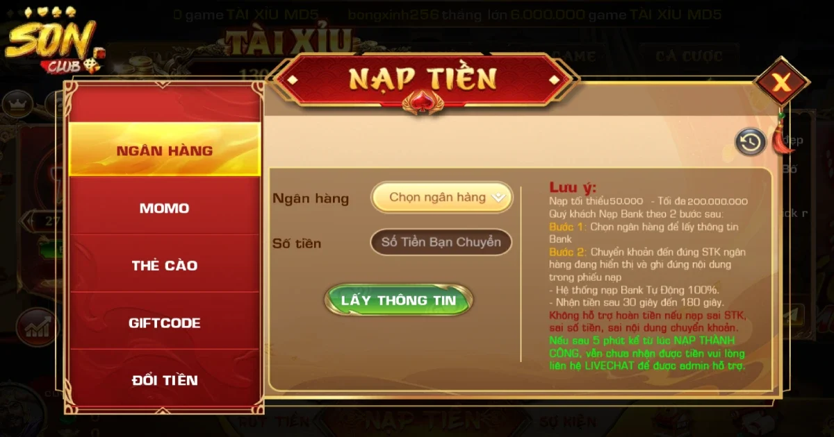 Điều kiện cần thiết khi nạp tiền SONCLUB